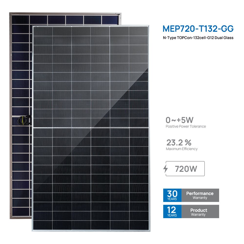 پنل خورشیدی ۷۲۰ وات دوطرفه مونوکریستال N-Type مانا انرژی (MEP720-T132-GG)