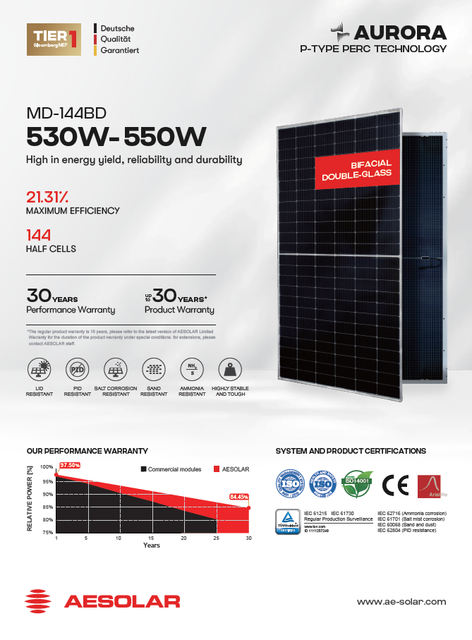 پنل AE SOLAR (بایفشیال) 530-550 وات DOUBLE GLASS