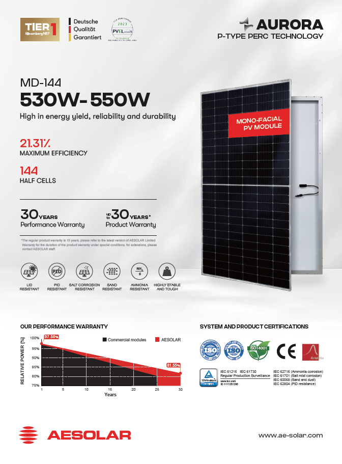 پنل AE SOLAR(مونوفیشیال) 530-550 وات PV MODULE