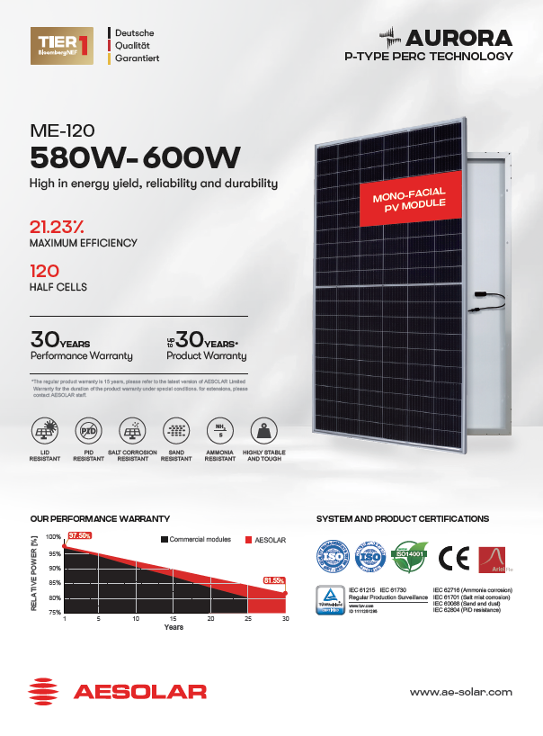 پنل خورشیدی AE SOLAR (مونوفیشیال) 580-600 وات PV MODULE