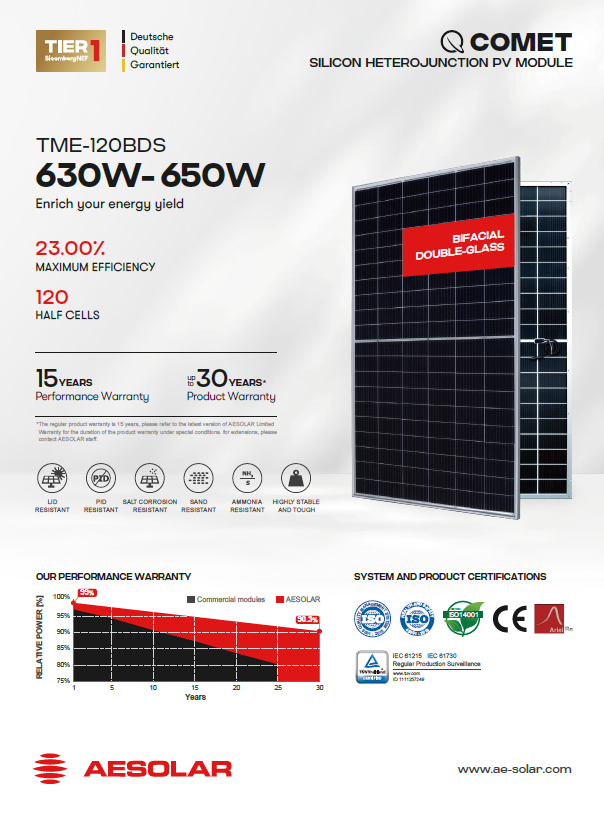 پنل خورشیدی AE SOLAR (بایفیشیال) 650-630 وات DOUBLE GLASS