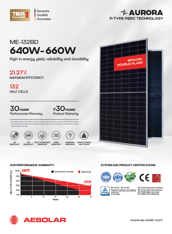 پنل خورشیدی AE SOLAR (مونوفیشیال) 660-640 وات PV MODULE
