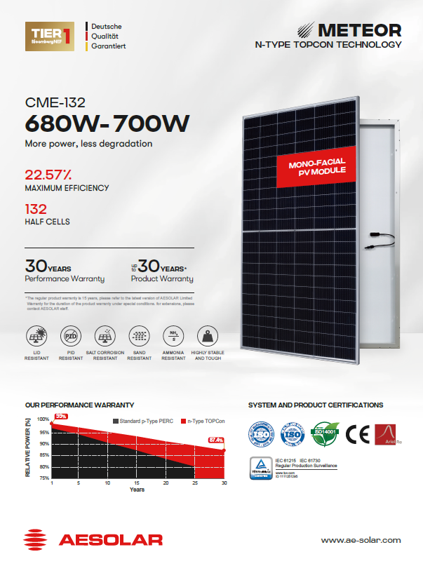 پنل خورشیدی AE SOLAR (مونوفیشیال) 700-680 وات PV MODULE